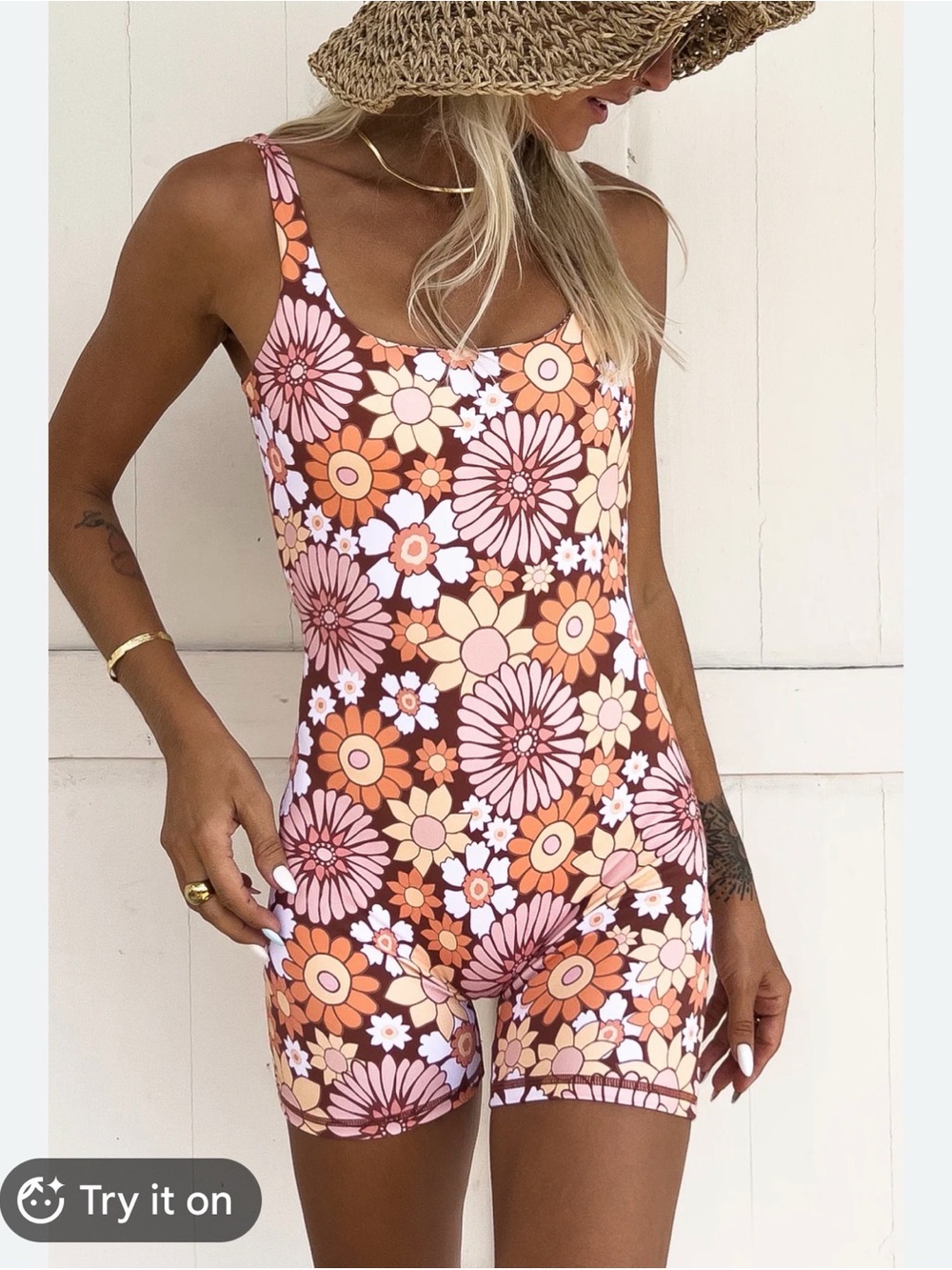 Kavala flower Power Retro Floral Scoop-Neck onesie One-Piece Swimsuit size L New